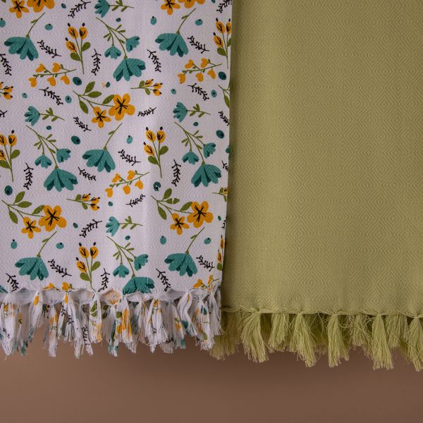 100% Cotton White Print and Solid Dyed Combo Towels-PISTA GREEN