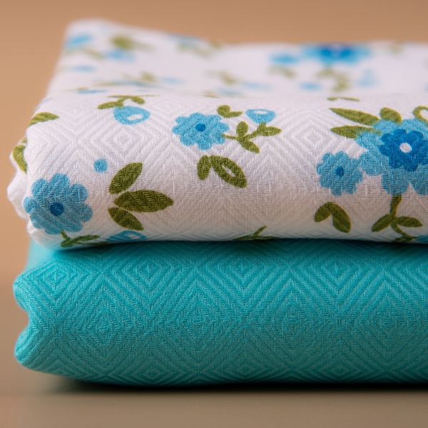 100% Cotton White Print and Solid Dyed Combo Towels-BLUE